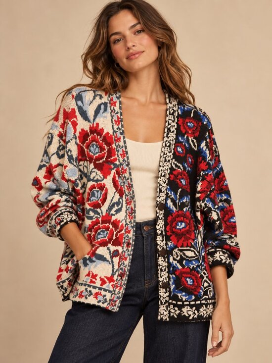 Farm Rio Sweaters - NWT Farm Rio Mixed Valentina Black Floral Knit Cardigan M